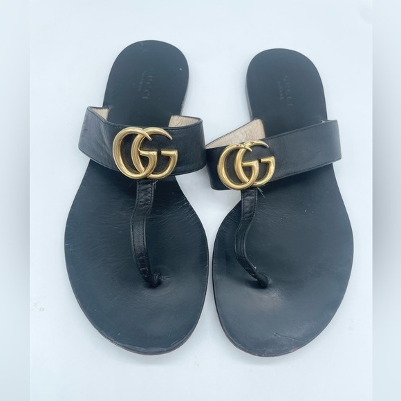 Gucci Black leather double GG lifford thong flat sandals 38 - Picture 2 of 11